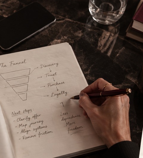 A hand sketching a customer journey funnel in a notebook