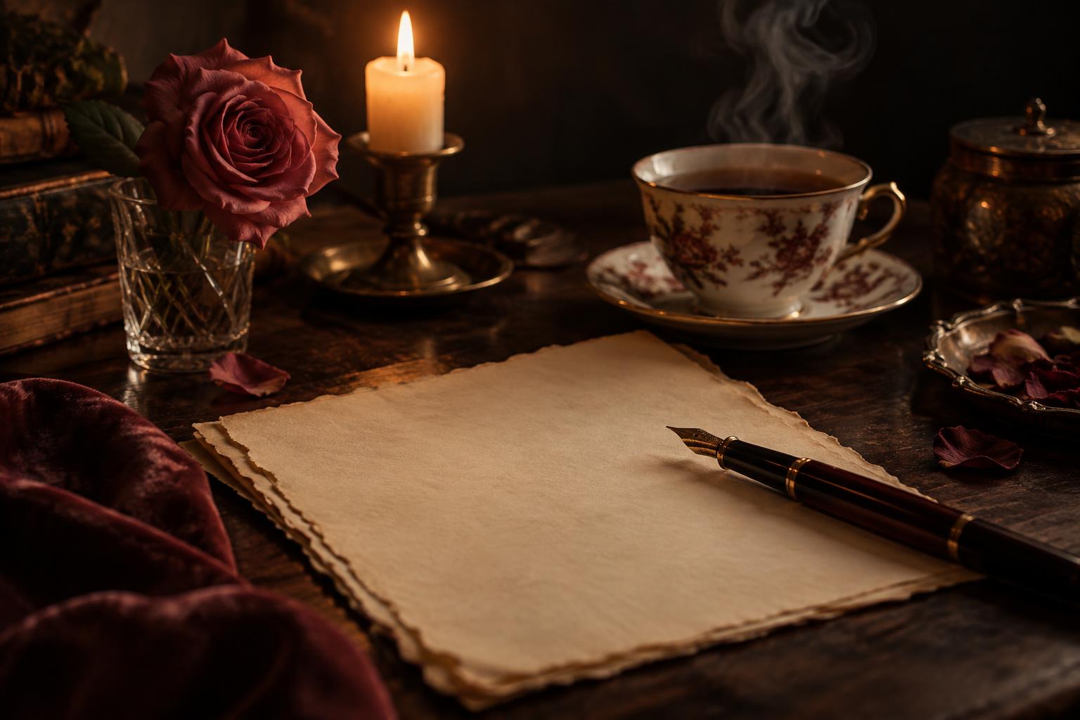 A quiet evening writing table with a blank sheet of paper, a fountain pen, tea, candlelight, and a dusty rose