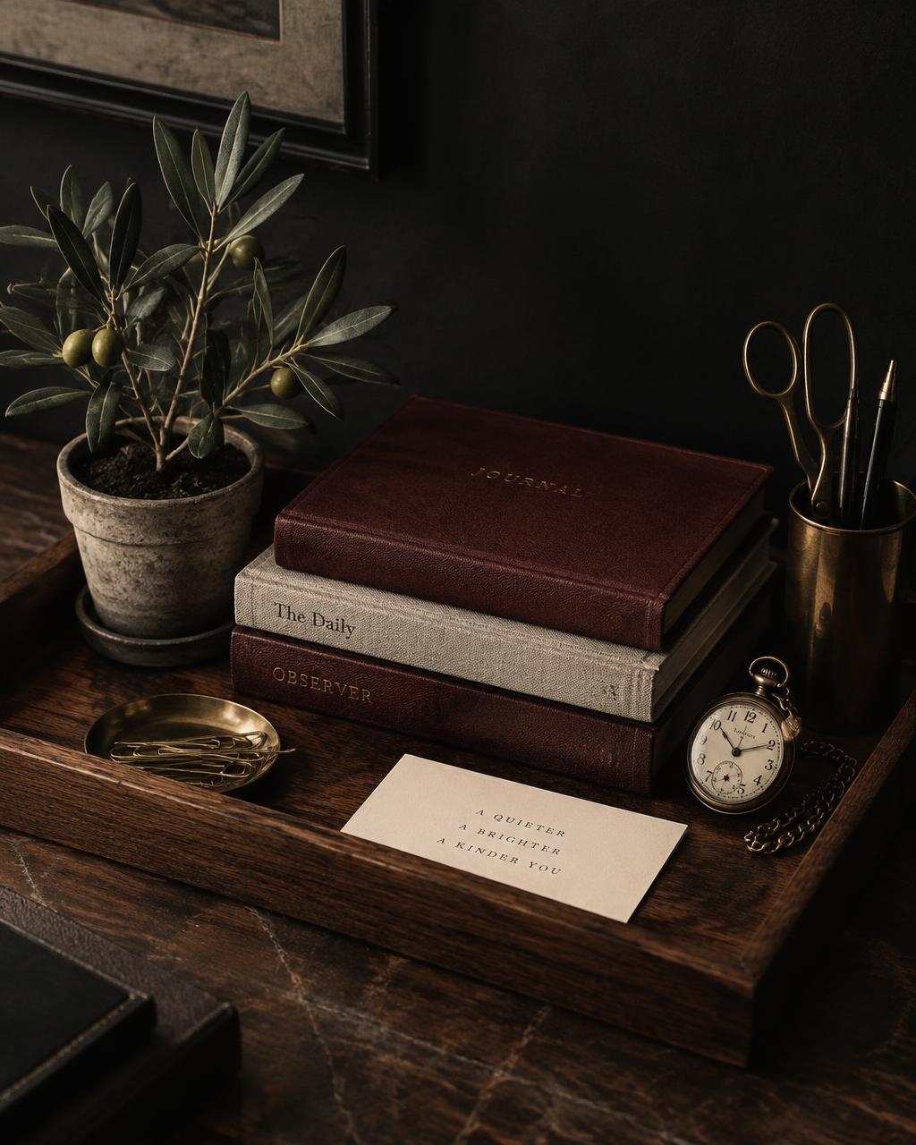 Neatly stacked journals, a pocket watch, and an olive plant on a wooden tray