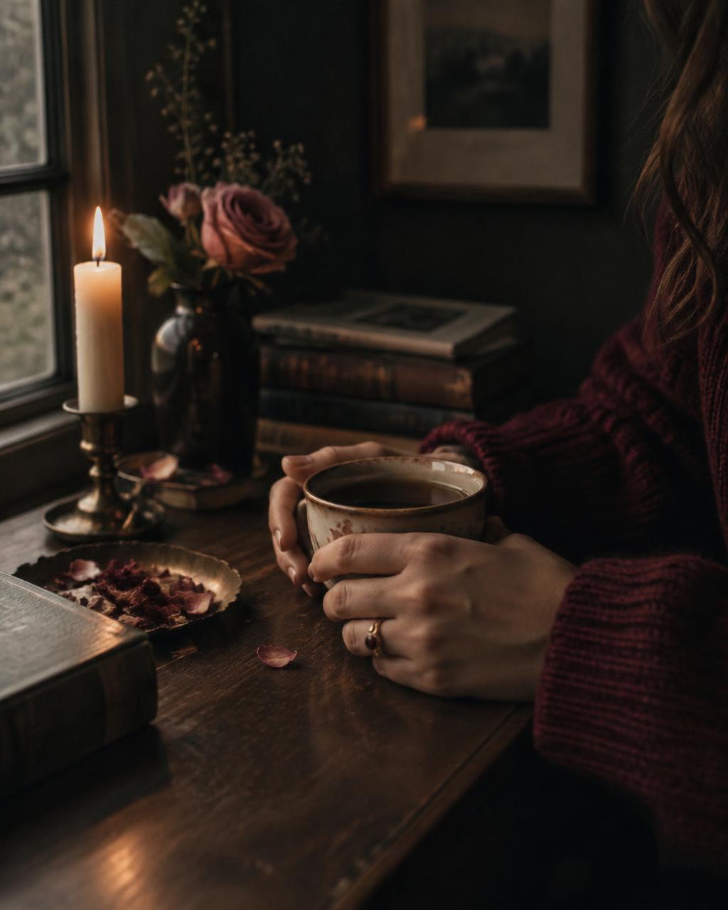 Hands around a warm cup of tea beside a candle and roses