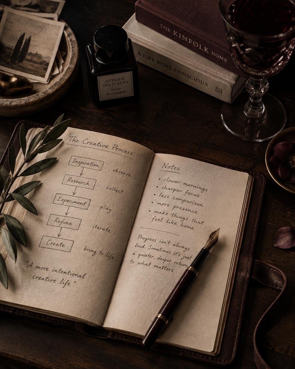 An open notebook with a hand-drawn process and a fountain pen