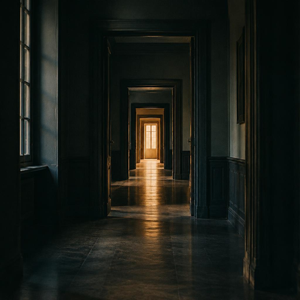 A dim corridor opening toward a bright sunlit doorway at the far end