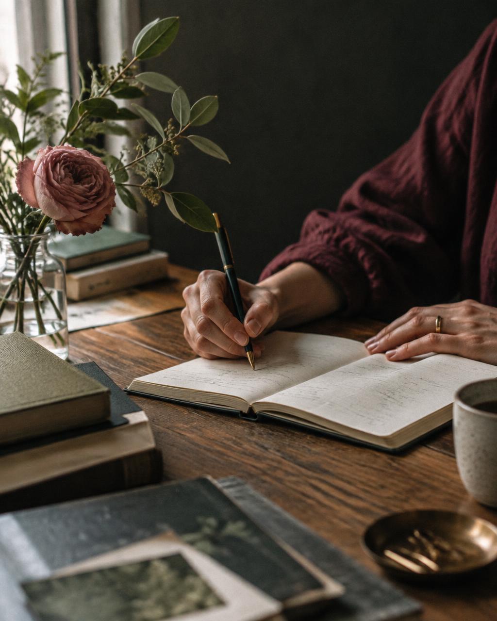 Hands writing in a notebook beside books, a rose, and natural window light